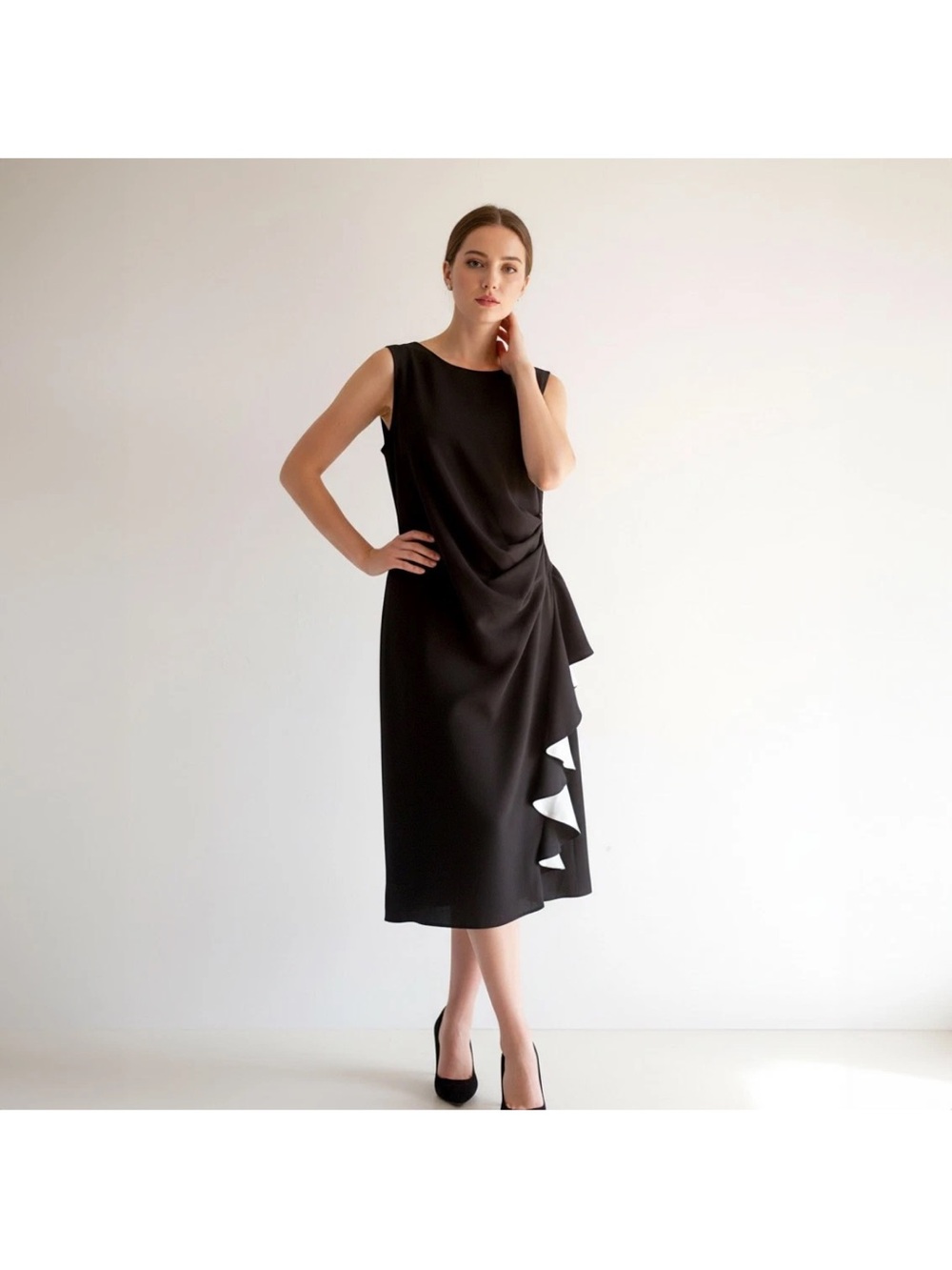 White House Black Market Black Sleeveless Midi Dress with Side Ruffle